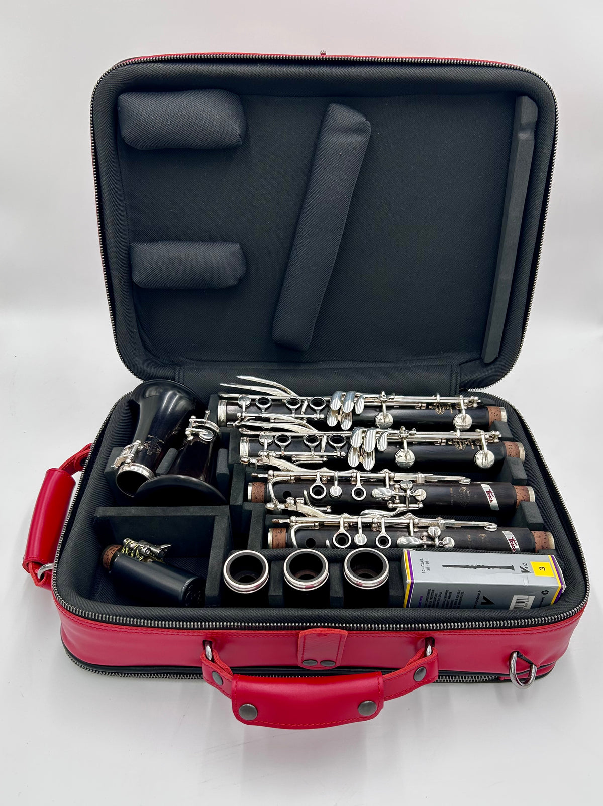 Double Case for 2 clarinets - Cherry genuine italian leather with black toned logo and zipper