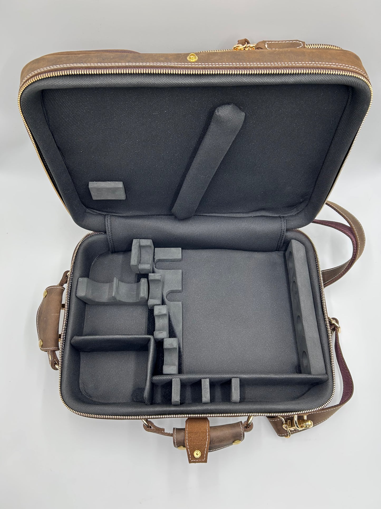 Double Case for 2 clarinets - Brown classic leather with gold toned materials