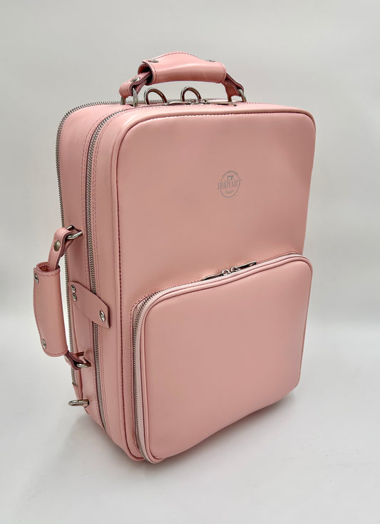 Double Case for 2 clarinets - Shiny pink leather with silver accessories