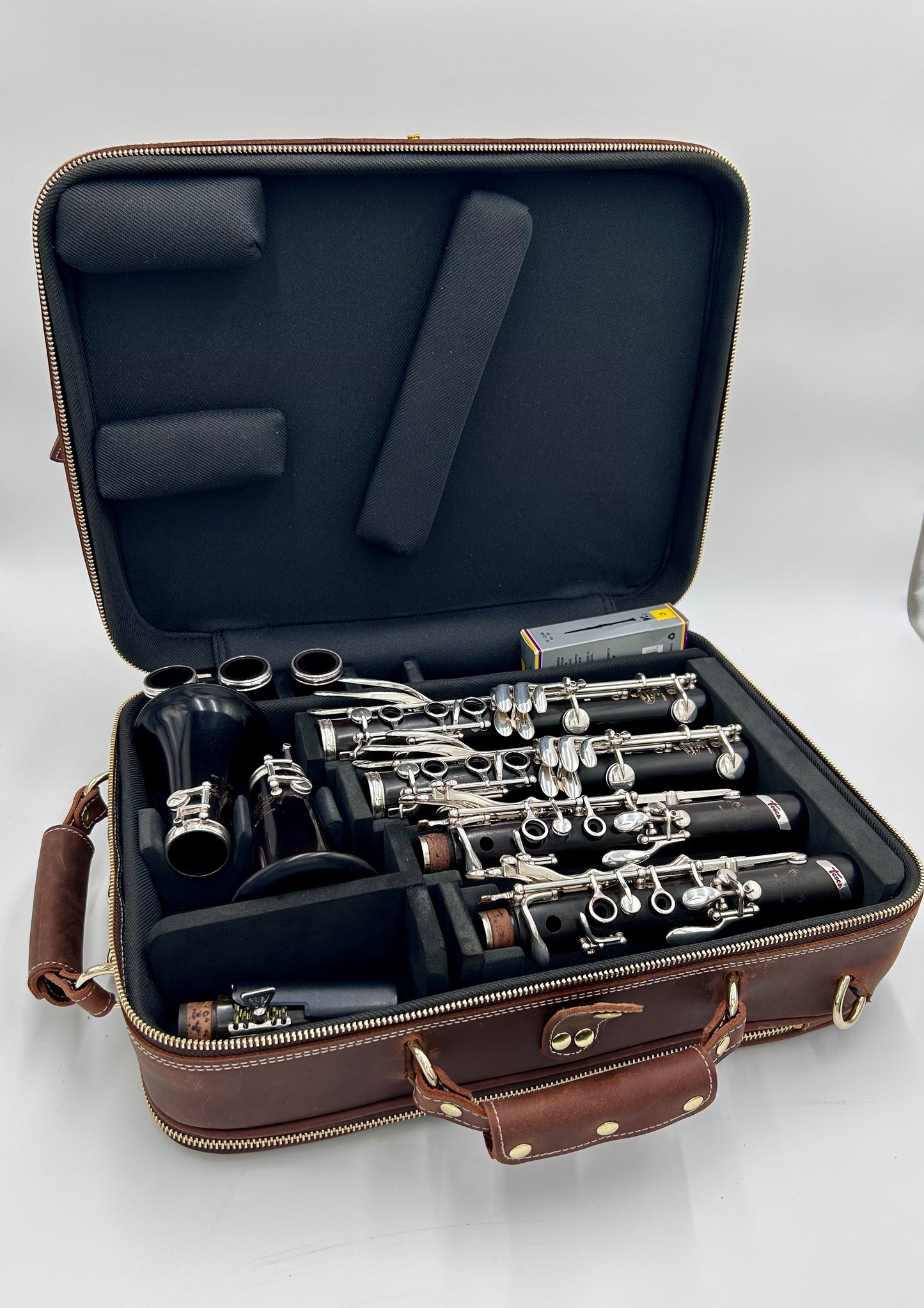Double Case for 2 clarinets - Brown classic leather with gold toned materials
