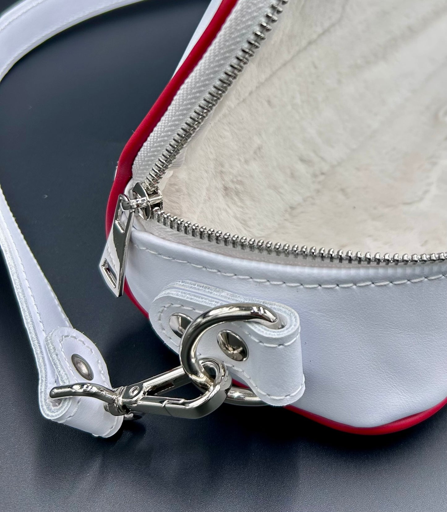 Flute Bag - White genuine leather with a single red stripe.