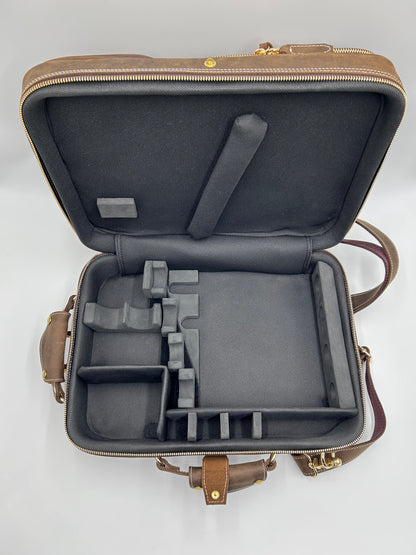 Double Case for 2 clarinets - Brown classic leather with gold toned materials
