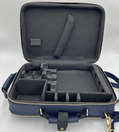 Double Case for 2 clarinets - Navy blue genuine italian leather with gold toned logo and zipper