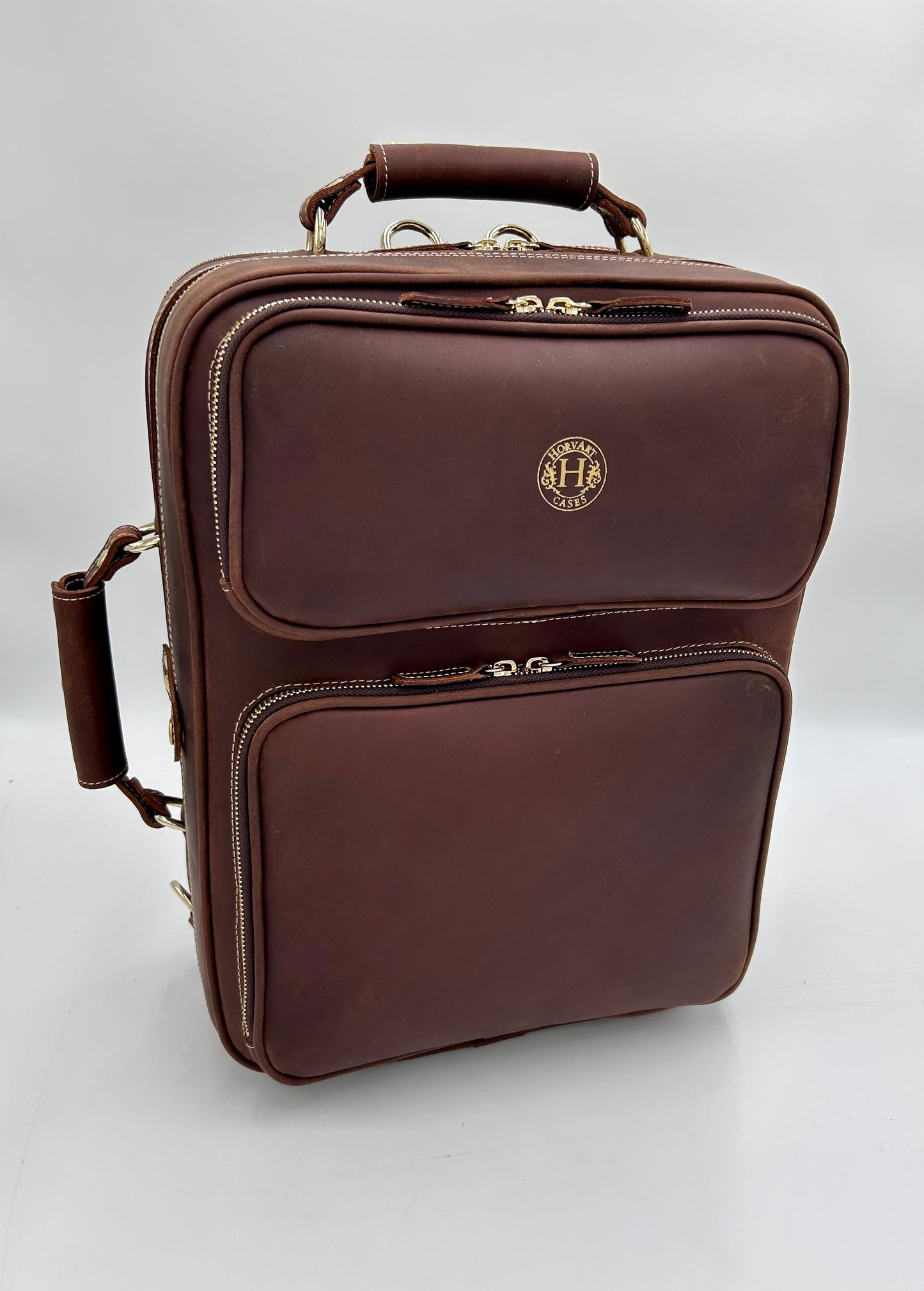 Double Case for 2 clarinets - Brown classic leather with gold toned materials