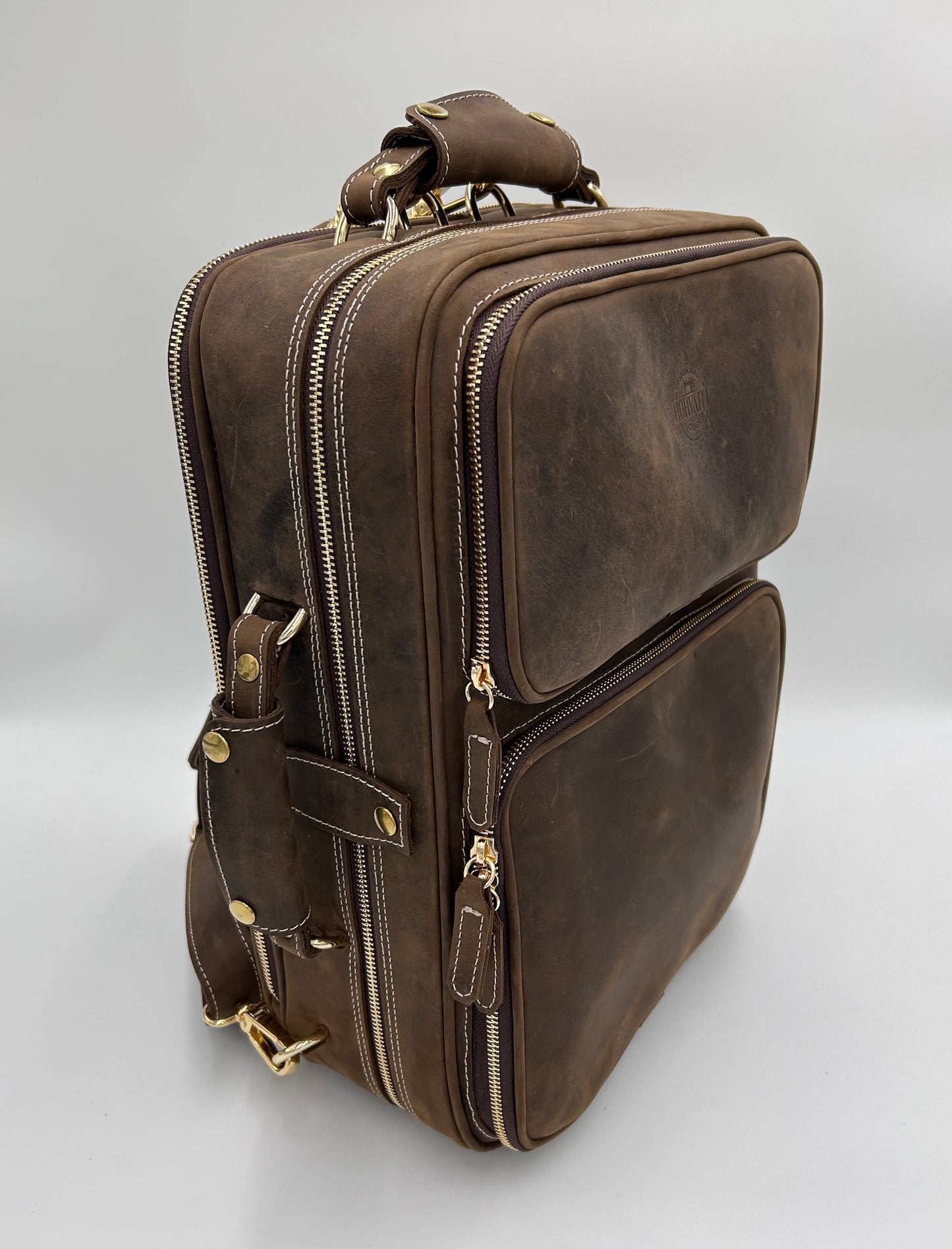 Double Case for 2 clarinets - Brown classic leather with gold toned materials