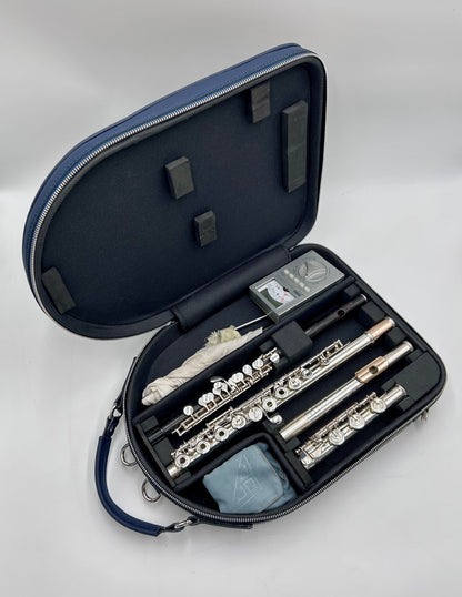Double Case for Flute and Piccolo - Navy blue genuine italian leather with silver toned logo and zipper
