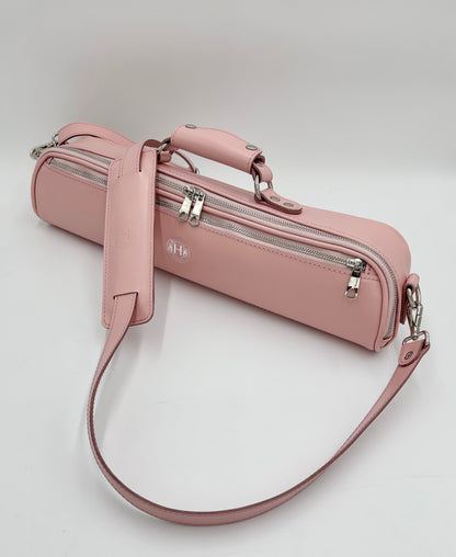 Flute Bag - Shiny pink leather with silver zipper and logo