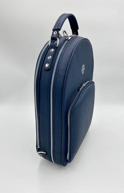 Double Case for Flute and Piccolo - Navy blue genuine italian leather with silver toned logo and zipper