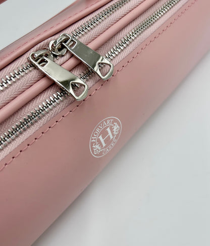 Flute Bag - Shiny pink leather with silver zipper and logo