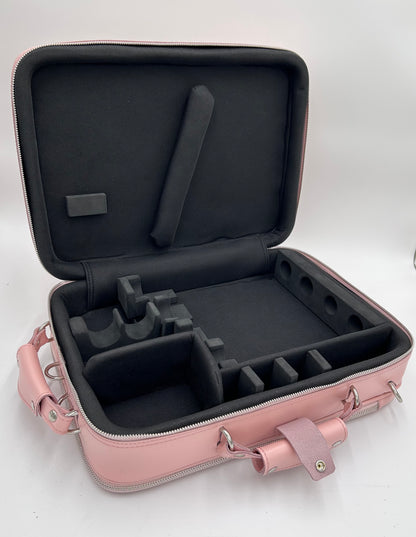 Double Case for 2 clarinets - Shiny pink leather with silver accessories