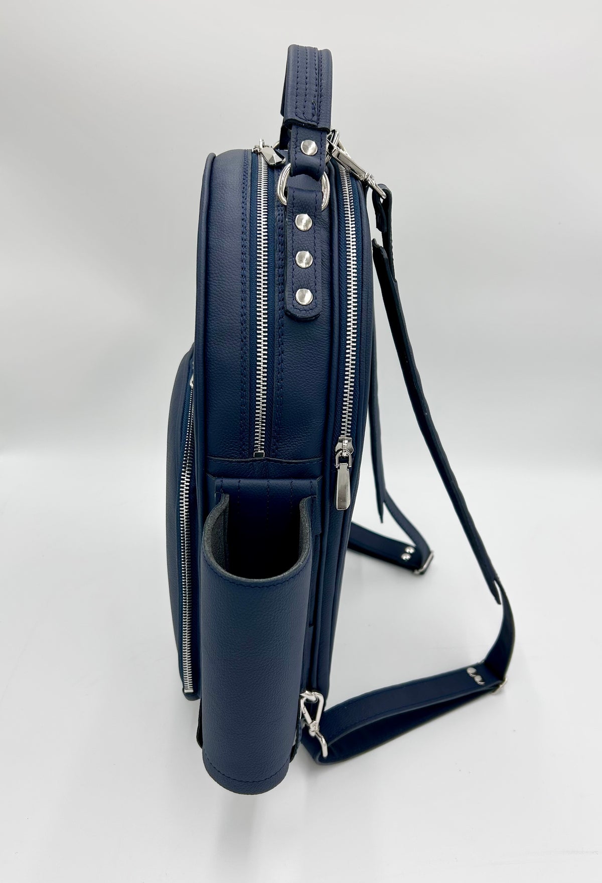 Double Case for Flute and Piccolo - Navy blue genuine italian leather with silver toned logo and zipper