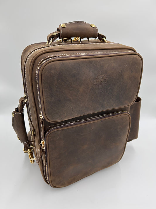 Double Case for 2 clarinets - Brown classic leather with gold toned materials