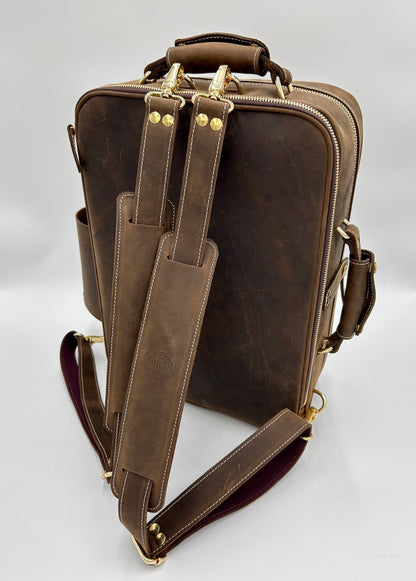 Double Case for 2 clarinets - Brown classic leather with gold toned materials