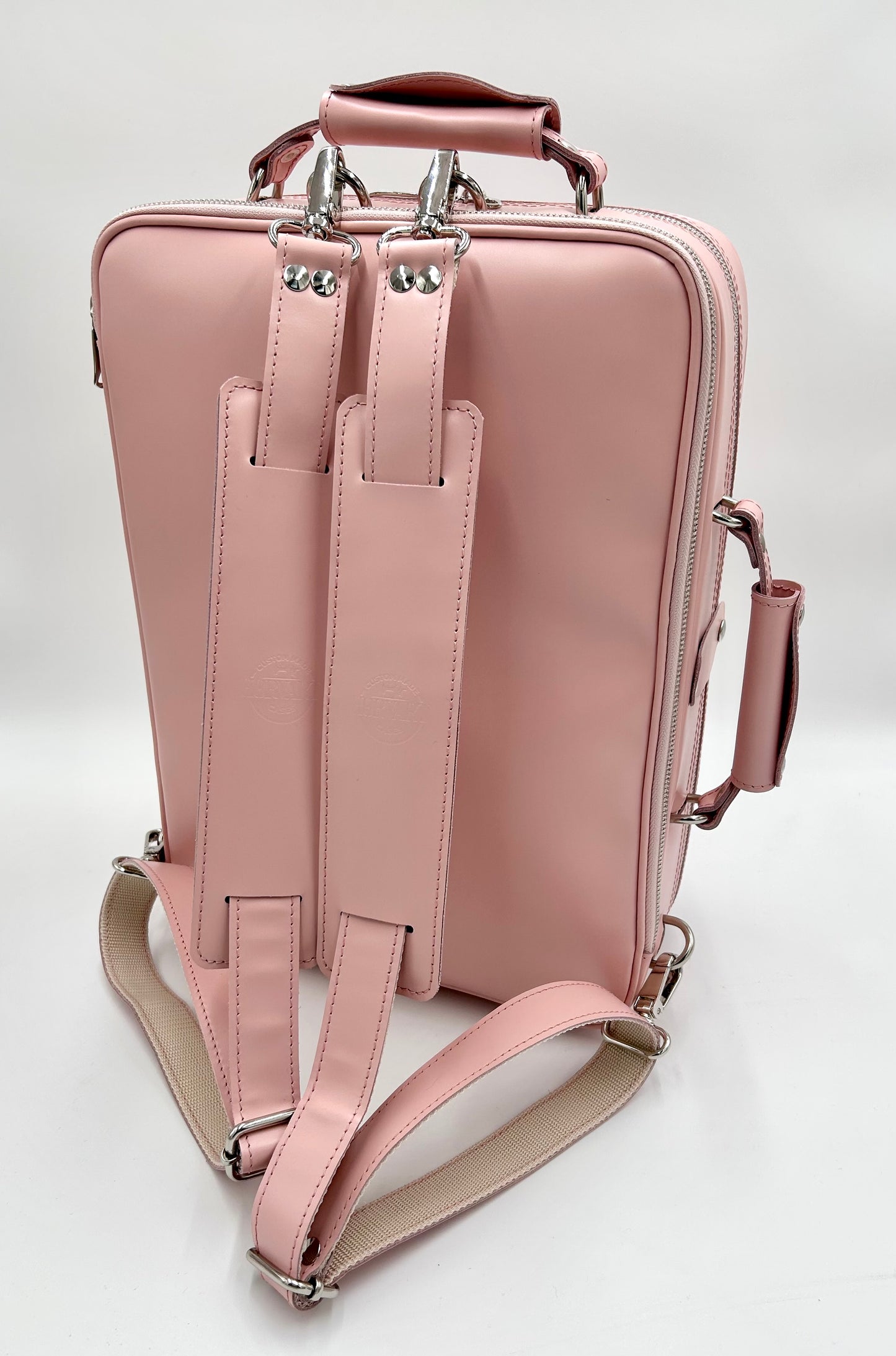 Double Case for 2 clarinets - Shiny pink leather with silver accessories