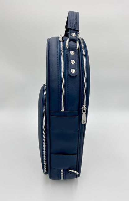Double Case for Flute and Piccolo - Navy blue genuine italian leather with silver toned logo and zipper