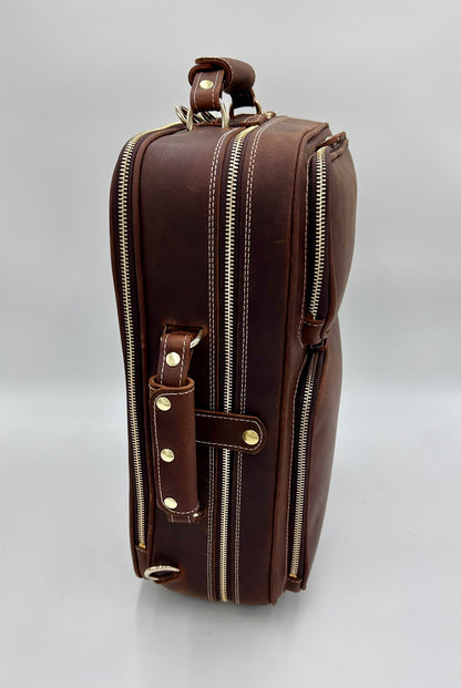 Double Case for 2 clarinets - Brown classic leather with gold toned materials