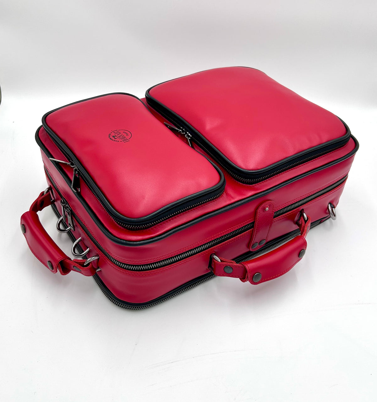 Double Case for 2 clarinets - Cherry genuine italian leather with black toned logo and zipper