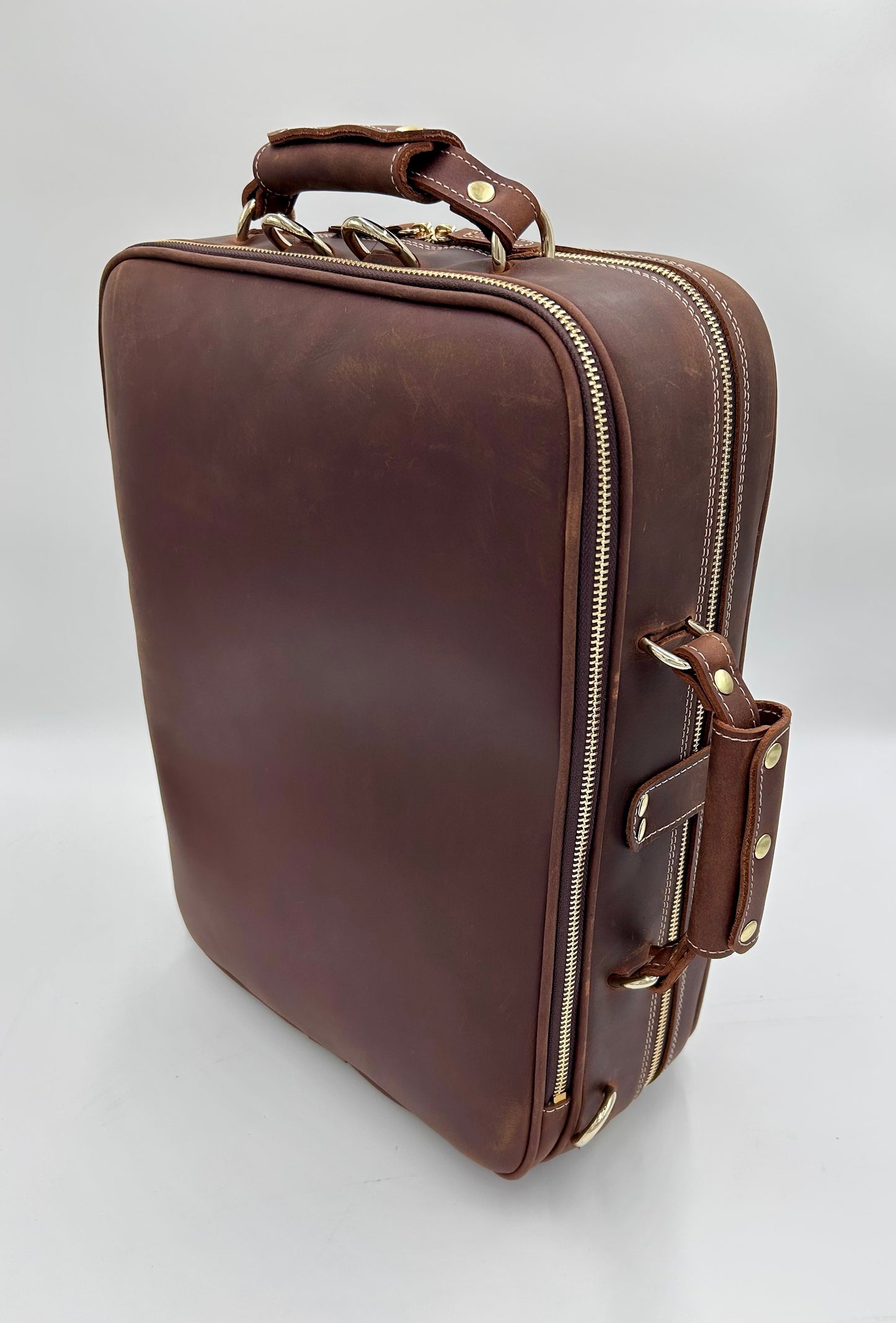 Double Case for 2 clarinets - Brown classic leather with gold toned materials