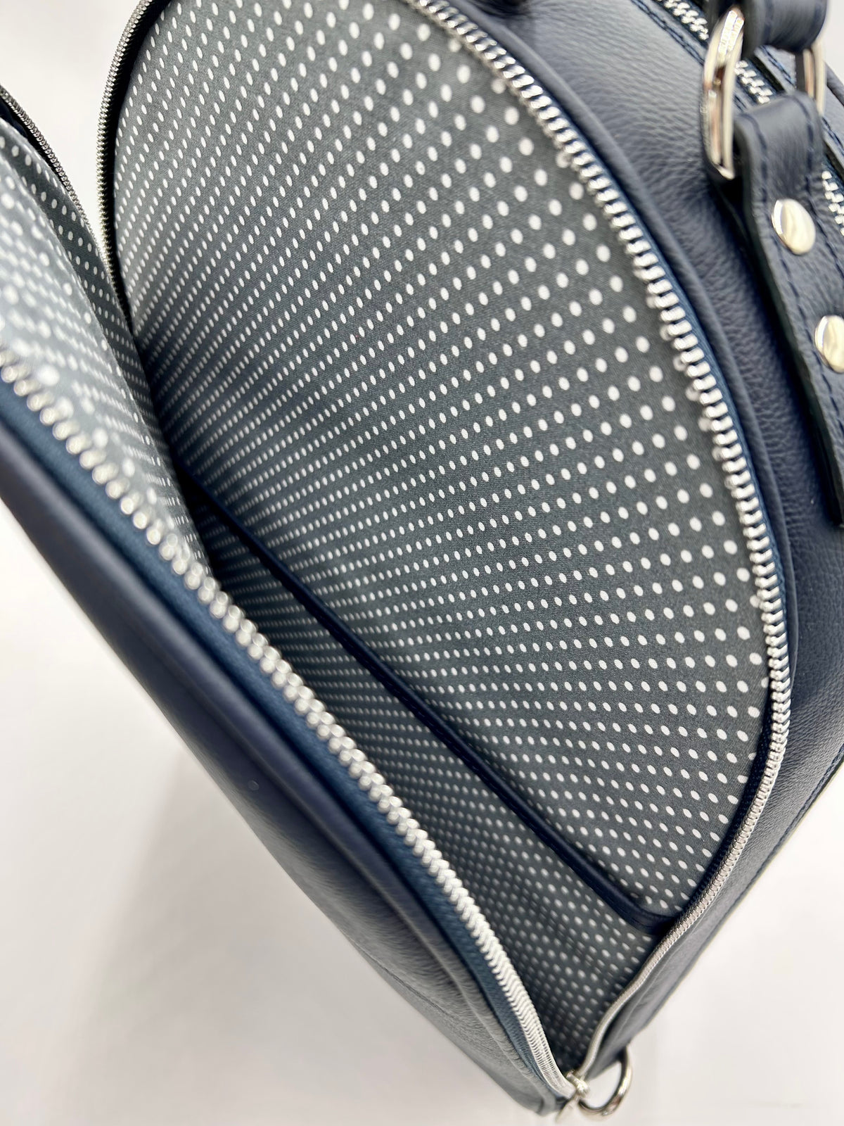 Double Case for Flute and Piccolo - Navy blue genuine italian leather with silver toned logo and zipper