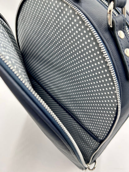 Double Case for Flute and Piccolo - Navy blue genuine italian leather with silver toned logo and zipper