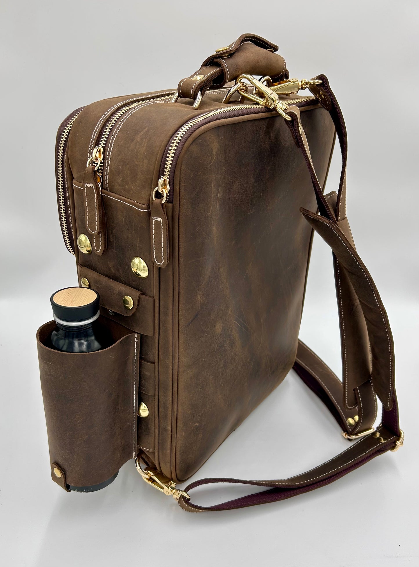 Double Case for 2 clarinets - Brown classic leather with gold toned materials