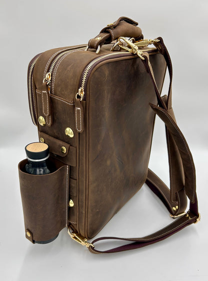 Double Case for 2 clarinets - Brown classic leather with gold toned materials