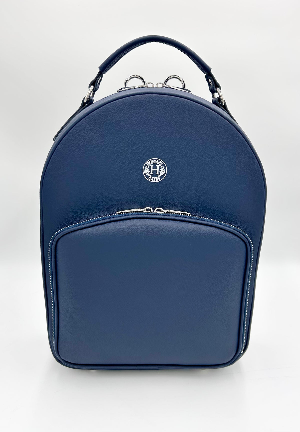 Double Case for Flute and Piccolo - Navy blue genuine italian leather with silver toned logo and zipper