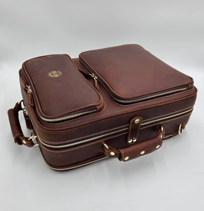 Double Case for 2 clarinets - Brown classic leather with gold toned materials
