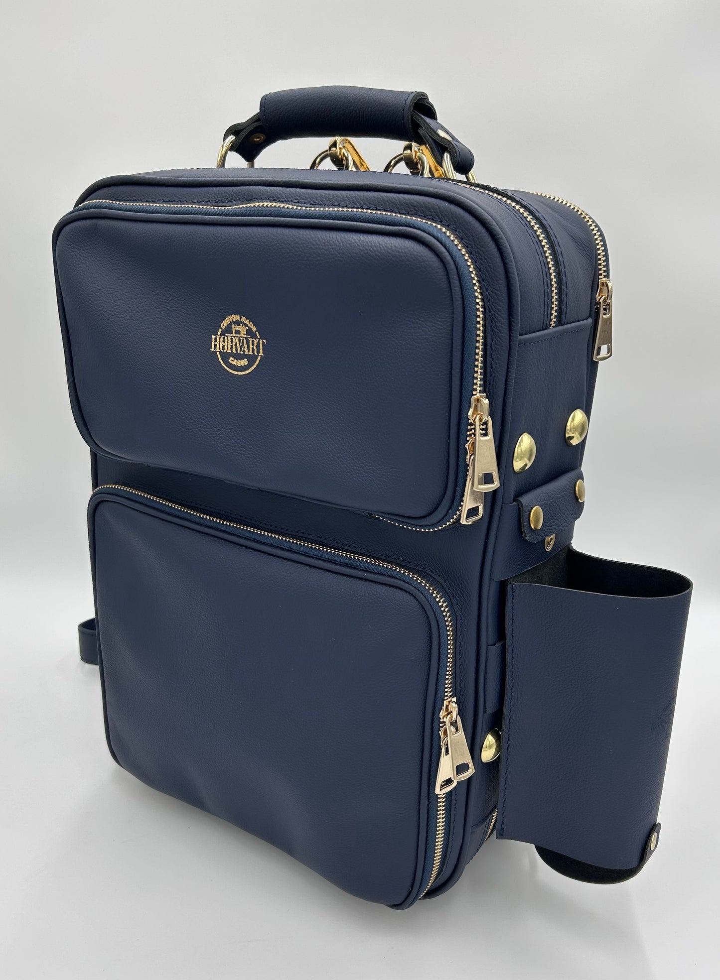 Double Case for 2 clarinets - Navy blue genuine italian leather with gold toned logo and zipper