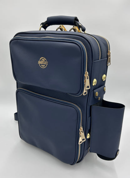 Double Case for 2 clarinets - Navy blue genuine italian leather with gold toned logo and zipper