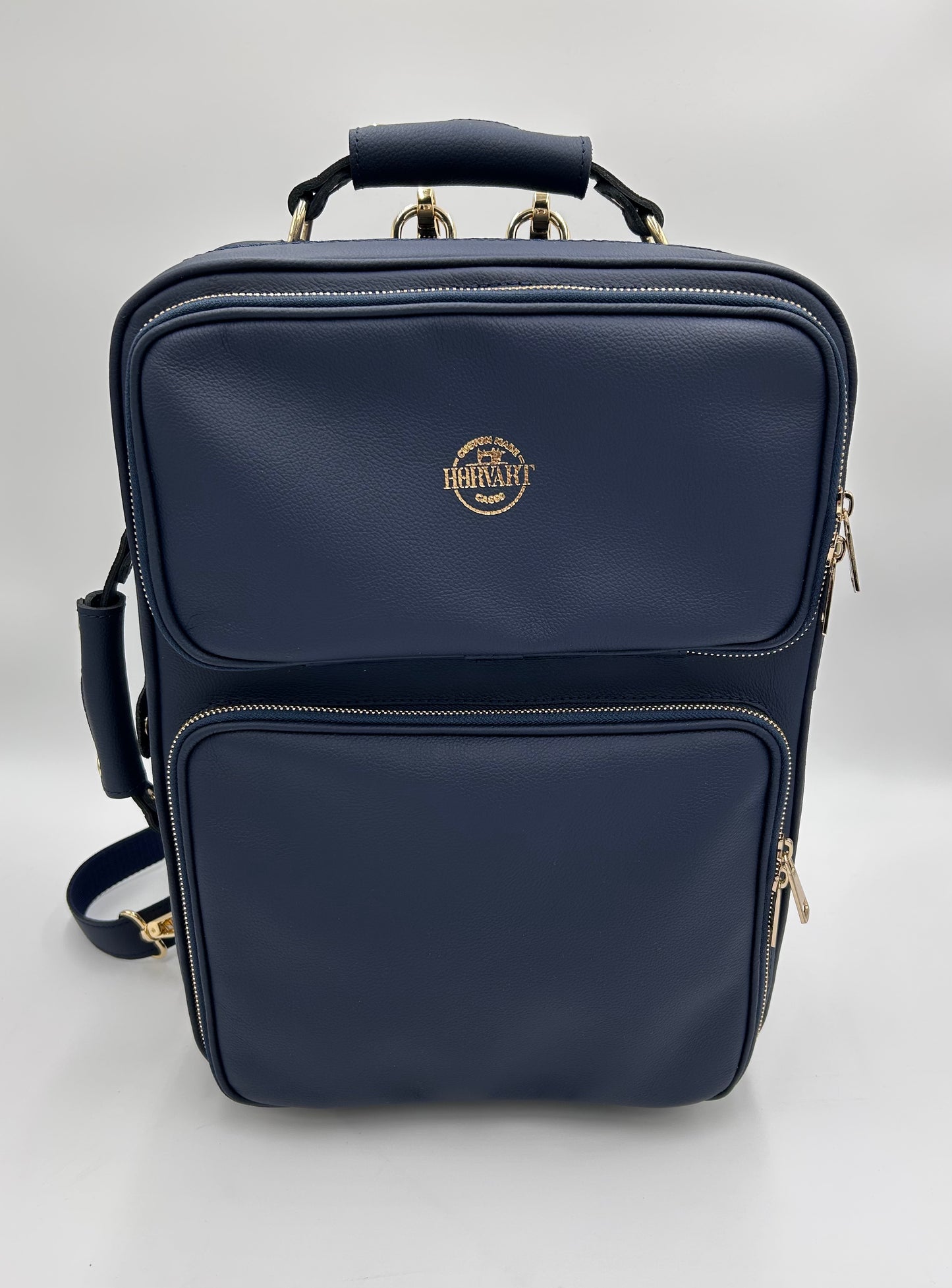 Double Case for 2 clarinets - Navy blue genuine italian leather with gold toned logo and zipper