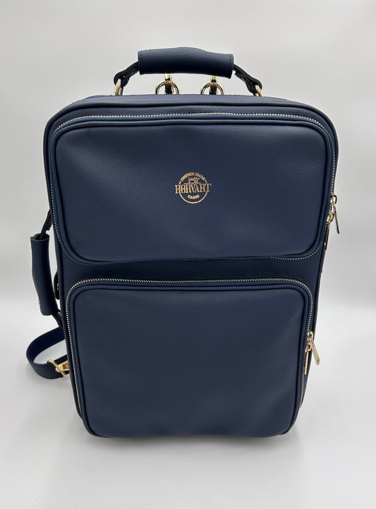 Double Case for 2 clarinets - Navy blue genuine italian leather with gold toned logo and zipper