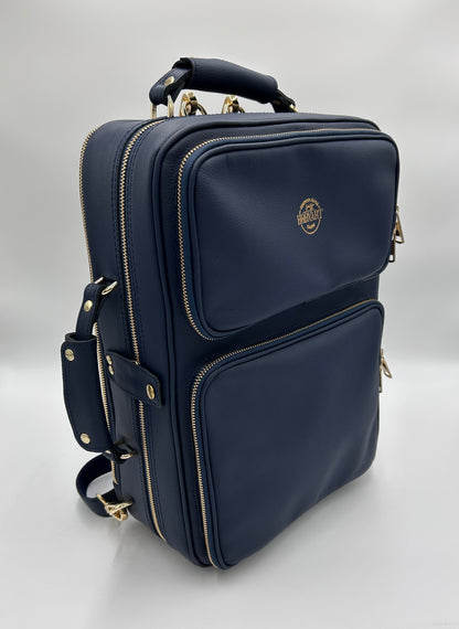 Double Case for 2 clarinets - Navy blue genuine italian leather with gold toned logo and zipper