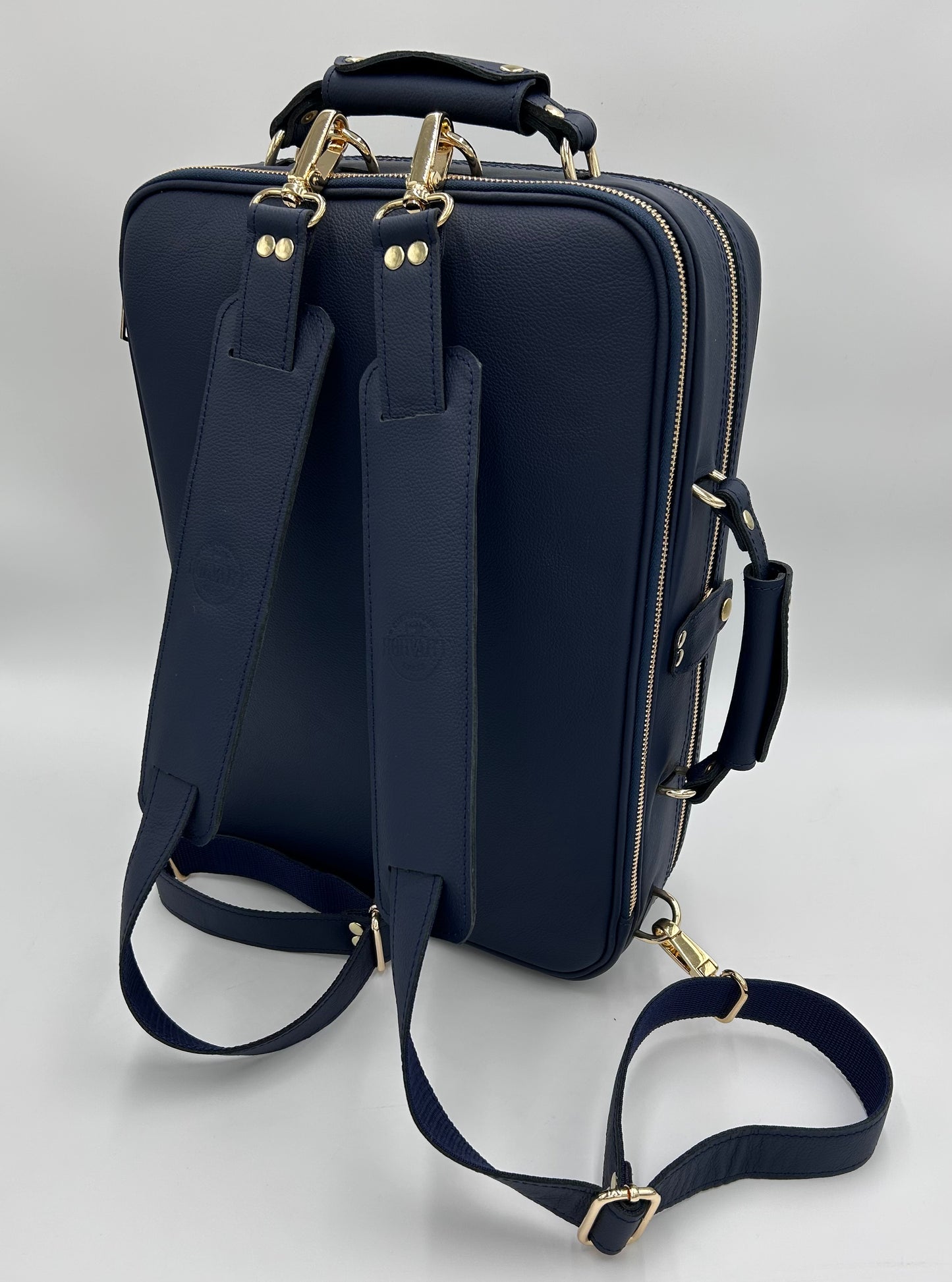 Double Case for 2 clarinets - Navy blue genuine italian leather with gold toned logo and zipper