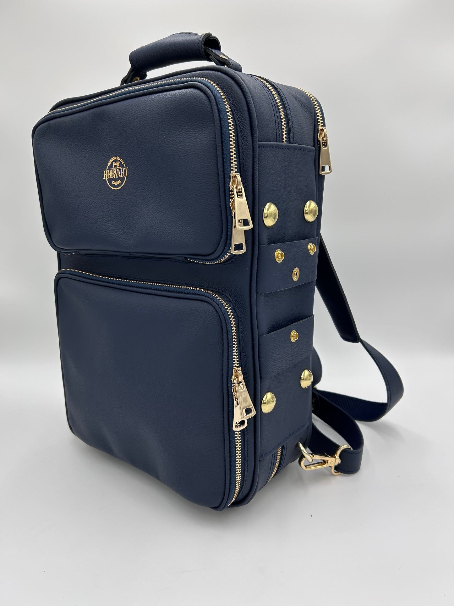 Double Case for 2 clarinets - Navy blue genuine italian leather with gold toned logo and zipper