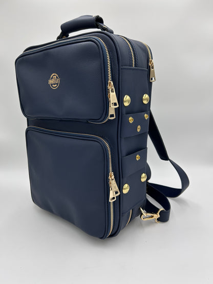Double Case for 2 clarinets - Navy blue genuine italian leather with gold toned logo and zipper