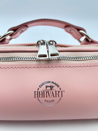 Flute Bag - Shiny pink leather with silver zipper and logo