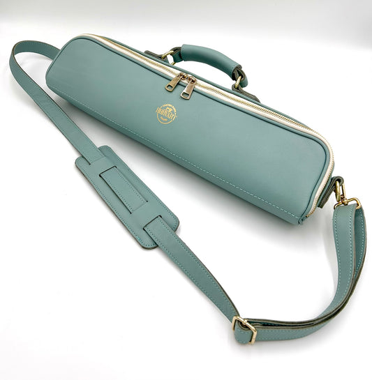 Flute bag - Duck egg blue coloured leather with golden-tone zipper and logo