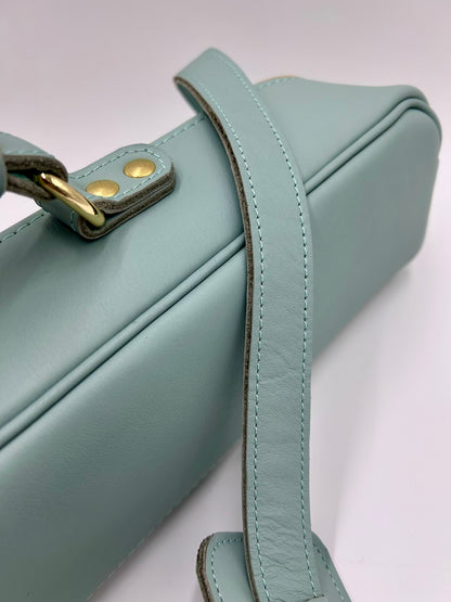 Flute bag - Duck egg blue coloured leather with golden-tone zipper and logo