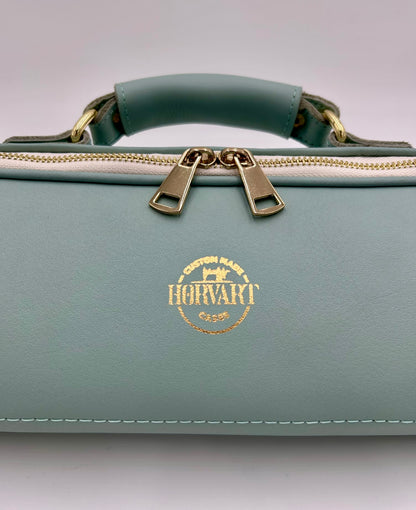 Flute bag - Duck egg blue coloured leather with golden-tone zipper and logo