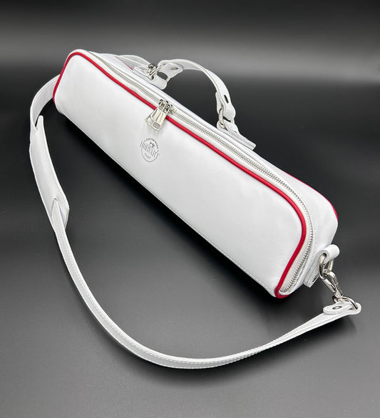 Flute Bag - White genuine leather with a single red stripe.